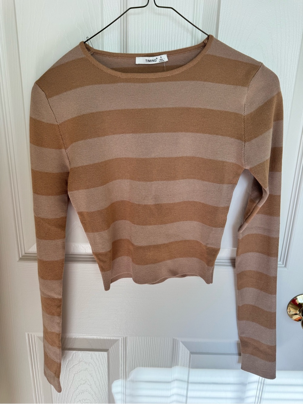 TIMING Striped Long Sleeve Crewneck in Tan and Cream